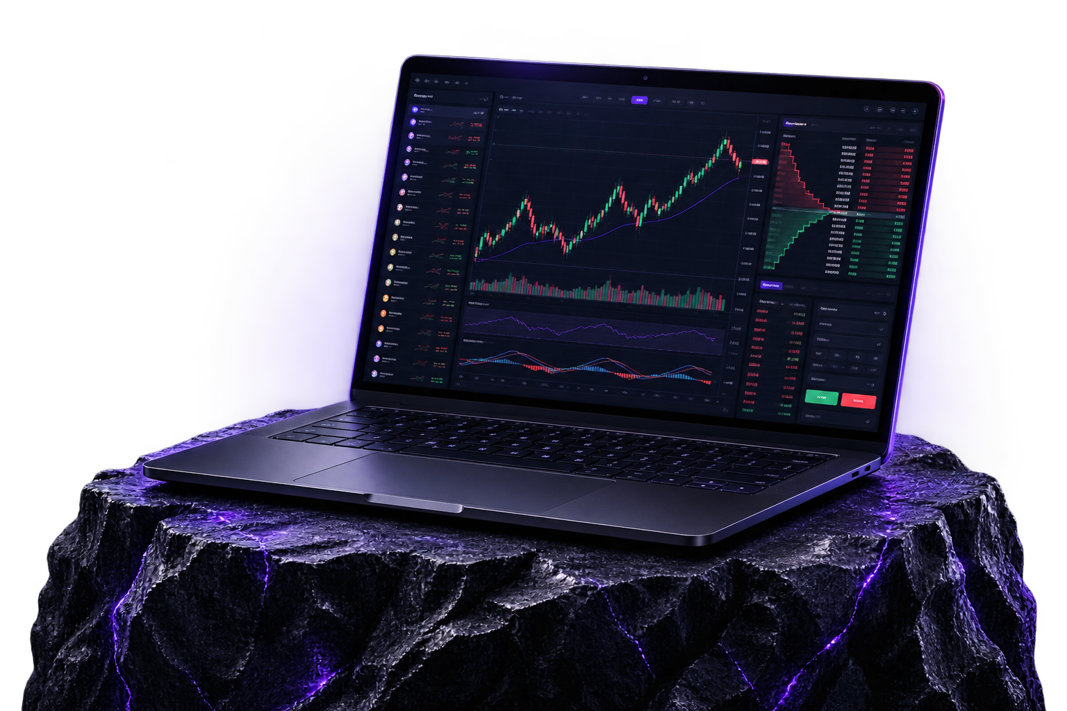 Laptop displaying a modern multi-asset trading terminal